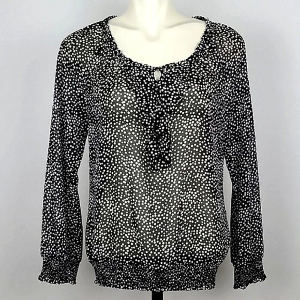 ESPRIT  Blouse Top Black White Polka Dots Semi Sheer Ruffle Long Sleeves Size XS